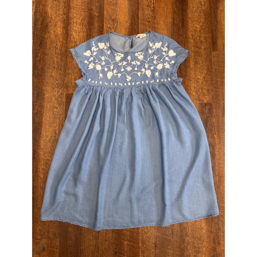 Foxy Women Blue Chambray Floral Embroidered Babydoll Dress Boho M 6